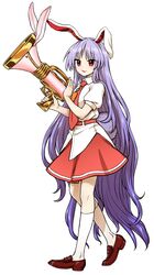  1girl :3 animal_ears brown_footwear bunny_tail eyebrows_visible_through_hair eyes_visible_through_hair full_body highres itou_yuuji kneehighs long_hair looking_at_viewer lunatic_gun necktie parted_lips puffy_short_sleeves puffy_sleeves purple_hair rabbit_ears red_eyes red_neckwear red_skirt reisen_udongein_inaba shirt shoes short_sleeves simple_background skirt smile solo standing tail touhou very_long_hair white_background white_legwear white_shirt wing_collar 