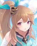  1girl ahoge armpit_peek bare_shoulders blonde_hair blue_ribbon blue_theme brooch bubble collarbone commentary dragalia_lost elbow_gloves elisanne gloves hair_ornament hair_ribbon highres jewelry leonmandala long_hair open_mouth ribbon sideways_glance solo upper_body violet_eyes water 