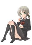  1girl black_skirt blush bow cake food fork full_body green_eyes green_ribbon hair_ribbon highres holding holding_fork kneehighs liselsia_cesarini long_sleeves ponytail red_bow ribbon short_hair short_ponytail silver_hair simple_background sitting skirt slice_of_cake solo symphonic_rain white_background yu_416416 