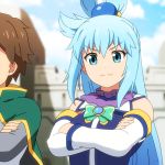  1girl :3 anime_coloring aqua_(konosuba) beads blue_eyes blue_hair blue_sky blurry blurry_background brown_hair capelet clouds commentary_request crossed_arms day detached_sleeves eyebrows_visible_through_hair hair_beads hair_ornament kemonomichi kono_subarashii_sekai_ni_shukufuku_wo! long_hair looking_at_viewer out_of_frame outdoors parody satou_kazuma shirosato sky smile solo_focus upper_body v-shaped_eyebrows wall 