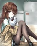  1girl absurdres bangs black_legwear blush boots brown_hair commentary_request eyebrows_visible_through_hair eyes_visible_through_hair from_side grey_eyes hair_between_eyes highres hug jacket long_hair long_sleeves looking_at_viewer makise_kurisu object_hug off_shoulder pantyhose parted_lips shinki_(user_srrn2727) shorts sidelocks sitting solo steins;gate 