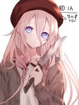  1girl bangs beret blue_eyes brown_jacket character_name collarbone collared_shirt eyebrows_behind_hair hair_between_eyes hand_up hat head_tilt highres holding holding_knife ia_(vocaloid) jacket knife long_hair long_sleeves looking_at_viewer open_clothes open_jacket parted_lips pink_hair red_headwear shirt sleeves_past_wrists solo upper_body vocaloid white_shirt yuuki_kira 