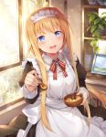  1girl alice_schuberg apron bangs black_dress blonde_hair blue_eyes blush commentary_request dress eyebrows_visible_through_hair food hairband highres holding holding_spoon long_hair looking_at_viewer maid open_mouth smile solo soup spoon sword_art_online taro_(ultrataro) very_long_hair white_apron white_hairband window 