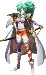  1girl absurdres angelina_(langrisser) asymmetrical_clothes asymmetrical_footwear cape detached_sleeves green_hair hand_on_hip headpiece highres holding holding_sword holding_weapon langrisser langrisser_iv leotard long_hair looking_at_viewer mismatched_legwear official_art pauldrons ponytail red_eyes sheath sheathed smile solo standing sword thighhighs transparent_background weapon 