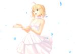  1girl ahoge artoria_pendragon_(all) blonde_hair braid breasts crown_braid dress fate/stay_night fate_(series) green_eyes hand_up highres looking_away official_art open_mouth petals ribbon saber solo takeuchi_takashi white_background white_dress 