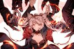  1girl animal_ears arms_up braid breasts brown_eyes erune fire fraux granblue_fantasy grey_hair highres long_coat magic_circle pollity small_breasts smile twintails 