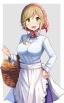  1girl :d apron bangs basket blue_shirt blush bread breasts buttons collared_shirt commentary_request cowboy_shot eyebrows_visible_through_hair fang food green_eyes grey_background hand_on_hip head_scarf highres holding inuyama_aoi large_breasts light_brown_hair long_hair long_sleeves looking_at_viewer open_mouth outside_border plan_(planhaplalan) shirt sidelocks simple_background smile solo standing thick_eyebrows white_apron wing_collar yurucamp 