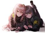  2girls 404_(girls_frontline) bangs blush boots brown_hair closed_mouth eyebrows_visible_through_hair fingerless_gloves girls_frontline gloves grey_hair hair_between_eyes hair_ornament jacket legs_up long_hair long_sleeves looking_at_viewer lying multiple_girls on_stomach one_eye_closed one_side_up pants silence_girl simple_background smile ump45_(girls_frontline) ump9_(girls_frontline) white_background yellow_eyes yuri 