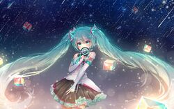  absurdly_long_hair aqua_eyes aqua_hair aqua_nails bare_shoulders black_skirt black_sky blush chinese_commentary cowboy_shot cube detached_sleeves frilled_skirt frills glowing hair_ornament hatsune_miku highres holding holding_wand lens_flare long_hair magical_mirai_(vocaloid) meteor_shower nail_polish neon_trim night night_sky shirt shoulder_tattoo skirt sky sleeveless sleeveless_shirt smile sparkle star_(sky) starry_sky tattoo twintails v very_long_hair vocaloid wand white_sleeves yuri_to_hizakura 