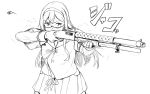  1girl aiming commentary_request eyebrows_visible_through_hair glasses greyscale gun hairband holding holding_gun holding_weapon kantai_collection long_hair long_sleeves monochrome mossberg_500 ooyodo_(kantai_collection) pump_action semi-rimless_eyewear shotgun shotgun_shells simple_background skirt solo under-rim_eyewear vent_arbre weapon white_background 