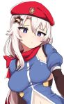  1girl 9a-91_(girls_frontline) :&lt; beret blue_eyes blush breasts girls_frontline hair_between_eyes hat jorin long_hair looking_at_viewer medium_breasts navel red_scarf scarf simple_background solo upper_body white_background white_hair 