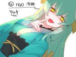  1girl bangs blue_kimono breasts character_name copyright_name dutch_angle eyebrows_visible_through_hair fangs fate/grand_order fate_(series) finger_to_mouth fingernails green_hair hair_between_eyes half-closed_eyes hand_up japanese_clothes kimono kiyohime_(fate/grand_order) long_sleeves looking_at_viewer obi open_mouth sash simple_background sleeves_past_wrists small_breasts solo tongue tongue_out white_background wide_sleeves yellow_eyes yuuki_kira 