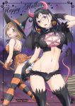  2girls :d alternate_costume ass_visible_through_thighs bat_wings belt black_eyes black_gloves black_hair black_legwear black_wings blonde_hair blush border breasts broom broom_riding collar covered_nipples d: dress earrings english_text glasses gloves groin haikyuu!! halloween halloween_costume hand_up happy_halloween hat holding holding_broom horns jack-o&#039;-lantern jewelry lace-up large_breasts looking_at_viewer midriff mole mole_under_mouth multiple_girls nanno_koto open_mouth orange_dress orange_gloves panties pantyshot puffy_short_sleeves puffy_sleeves pumpkin rimless_eyewear shimizu_kiyoko short_hair short_sleeves sleeveless sleeveless_dress smile star striped striped_legwear striped_panties tail thigh-highs underwear wings witch_hat yachi_hitoka 