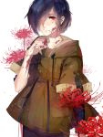  1girl asymmetrical_bangs bangs black_hair blood blood_on_face bloody_hands closed_mouth dj.adonis flower hair_over_one_eye highres hood hood_down kirishima_touka long_sleeves looking_at_viewer red_eyes red_flower short_hair simple_background solo spider_lily standing tokyo_ghoul white_background 