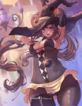  1girl alternate_costume armpits arms_behind_head arms_up ass_visible_through_thighs blue_eyes blurry blurry_background bodysuit breasts brown_hair chandelure cosplay covered_navel covered_nipples cowboy_shot double_bun elbow_gloves floating_hair gen_5_pokemon gloves hair_through_headwear halloween_costume hat impossible_hair jewelry long_hair looking_at_viewer medium_breasts mei_(pokemon) microskirt mimikyu mimikyu_(cosplay) mitsu_(mitsu_art) open_mouth patreon_username pendant poke_ball pokemon pokemon_(creature) pokemon_(game) pokemon_bw2 sideboob skirt sleeveless sleeveless_bodysuit solo_focus swimsuit twintails very_long_hair watermark witch_hat yellow_skirt 