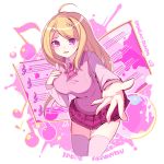  1girl ahoge akamatsu_kaede bangs beamed_eighth_notes blonde_hair blush breasts character_name commentary_request dangan_ronpa eighth_note enperaa eyebrows_visible_through_hair hair_ornament highres large_breasts long_hair long_sleeves looking_at_viewer musical_note musical_note_hair_ornament necktie new_dangan_ronpa_v3 open_mouth pleated_skirt school_uniform shirt skirt smile sweater_vest violet_eyes 