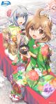  2girls ahoge blue_eyes bowl brown_eyes brown_hair cherry_blossoms chopsticks floral_print flower food from_above hair_flower hair_ornament hairclip highres himawari_(myslot) holding holding_chopsticks inoue_sora japanese_clothes kimono looking_at_viewer looking_up midori-chan_(myslot) multiple_girls myslot open_mouth outdoors sandals short_hair silver_hair sitting smile spring_(season) traditional_clothes 