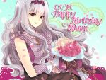  1girl bouquet bracelet flower gloves hairband happy_birthday idolmaster idolmaster_(classic) jewelry long_hair necklace otsuki38 petals ribbon shijou_takane silver_hair sleeveless smile solo violet_eyes 