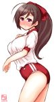  1girl alternate_costume artist_logo ass blush breasts brown_hair buruma cowboy_shot dated embarrassed feet_out_of_frame gym_shirt gym_uniform hair_ornament hair_ribbon hairclip highres kanon_(kurogane_knights) kantai_collection large_breasts long_hair looking_at_viewer looking_to_the_side mamiya_(kantai_collection) red_buruma ribbon shirt short_sleeves signature simple_background solo standing white_background white_shirt 