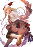  1girl ass bangs bat_wings black_legwear black_skirt blonde_hair blush boots breasts collared_shirt fang frilled_skirt frills granblue_fantasy hair_between_eyes head_wings highres kakage knee_boots long_hair long_sleeves looking_at_viewer open_mouth pointy_ears red_eyes shirt simple_background skirt small_breasts smile solo thigh-highs vampy white_background white_footwear white_shirt wings 