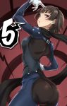  1girl ass bodysuit braid breasts brown_hair commentary_request from_behind gloves highres kurosususu looking_at_viewer looking_back niijima_makoto persona persona_5 red_eyes short_hair shoulder_spikes solo spikes spoken_number thighs white_gloves 