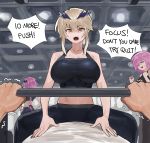  2boys 2girls absurdres artoria_pendragon_(all) artoria_pendragon_(lancer_alter) astolfo_(fate) bangs black_pants black_tank_top blonde_hair breasts closed_eyes english_commentary english_text eyebrows_visible_through_hair fate/grand_order fate_(series) gymnasium hair_between_eyes highres hood_(james_x) large_breasts long_hair looking_at_viewer mash_kyrielight multiple_boys multiple_girls open_mouth pants pink_hair pov pov_hands short_hair sidelocks sitting sitting_on_person tank_top teeth trembling weightlifting yellow_eyes 