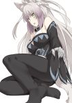  1girl agrius_metamorphosis ahoge animal_ears atalanta_(alter)_(fate) atalanta_(fate) bangs bare_shoulders black_collar breasts cat_ears collar eyebrows_visible_through_hair fate/grand_order fate_(series) green_eyes large_breasts long_hair looking_at_viewer no_shoes shiseki_hirame silver_hair solo tail very_long_hair 