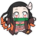  1girl bamboo bkub bkub_(style) black_hair chibi eyelashes forehead gag geta hair_ribbon haori highlights japanese_clothes kamado_nezuko kimetsu_no_yaiba kimono leg_warmers long_hair multicolored_hair patterned_clothing pink_eyes pink_kimono ribbon sash string very_long_hair 