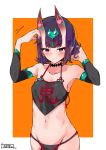 1girl bangs bare_shoulders black_fundoshi blush border breasts chinese_clothes choker closed_mouth collarbone detached_sleeves dudou earrings eyeliner fate/grand_order fate_(series) forehead_jewel hands_in_hair hands_up headpiece heart highres horns jewelry low_twintails makeup nagatani_(nagata2) navel oni oni_horns orange_background purple_hair short_eyebrows short_hair short_twintails shuten_douji_(fate/grand_order) shuten_douji_(halloween_caster)_(fate) simple_background small_breasts solo twintails violet_eyes white_border 
