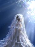  1girl black_hair blue_theme bridal_veil bride dark dress from_behind light_particles light_rays original saya_(pixiv6311273) short_hair solo veil wedding_dress 