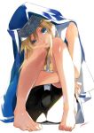  1boy barefoot blonde_hair bridget_(guilty_gear) bulge closed_mouth eyebrows_visible_through_hair guilty_gear head_on_knees headgear light light_rays maka_(morphine) signature simple_background sitting smile solo white_background 