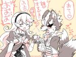  1boy 1girl animal_ears armor belt blush cape closed_eyes corrin_(fire_emblem) corrin_(fire_emblem)_(female) eromame fire_emblem fire_emblem_fates gloves hairband holding_hands monochrome open_mouth orange_background simple_background star_fox super_smash_bros. tail tail_wagging twitter_username upper_body wolf_ears wolf_o&#039;donnell wolf_tail 