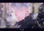 1boy artist_request black_border blue_eyes border breath closed_mouth copyright_name eyebrows_visible_through_hair hair_over_one_eye highres looking_at_viewer male_focus short_hair signature smile snow snowing solo viktor_nikiforov white_hair winter yuri!!!_on_ice 