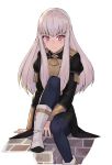  1girl blue_legwear closed_mouth epaulettes fire_emblem fire_emblem:_three_houses garreg_mach_monastery_uniform highres long_hair long_sleeves lysithea_von_ordelia nyorotono pink_eyes simple_background sitting solo uniform white_background white_hair 