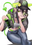  1girl baseball_cap black_hair blue_pants breasts can chin_rest collarbone crop_top cropped_jacket crossed_legs demon_horns demon_tail denim facial_mark fingernails green_eyes grey_jacket grey_shirt grin hair_between_eyes hat headphones headphones_around_neck highleg highres holding holding_can hood hooded_jacket horns jacket long_hair looking_at_viewer medium_breasts midriff monster_energy nakasaku-p navel open_clothes open_jacket original pants sharp_fingernails sharp_teeth shirt sidelocks sitting smile solo tail teeth 