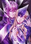  2boys blue_hair crossdressinging dagger demon_boy demon_horns evillious_nendaiki highres horns hug hug_from_behind kaito kamui_gakupo karchess_crim looking_at_another male_focus multiple_boys nagori_(voyage) one_eye_closed pointy_ears purple_hair sateriasis_venomania shards venomania_kou_no_kyouki_(vocaloid) vocaloid weapon wig 