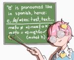  1girl bespectacled chalkboard english_commentary english_text glasses hairband holding_stick komeiji_satori mefomefo open_mouth phonetic_alphabet pink_hair round_teeth short_hair smile solo tapping teeth touhou white_background 