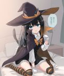  1girl animal_ears asashio_(kantai_collection) between_legs black_cloak black_hair black_legwear blue_eyes cat_ears cat_tail cloak dress fake_animal_ears fake_tail gloves halloween halloween_costume hand_between_legs hat highres indoors kantai_collection kuronaga long_hair long_sleeves looking_at_viewer multicolored multicolored_cloak multicolored_clothes multicolored_legwear on_bed orange_cloak orange_legwear pinafore_dress pleated_skirt remodel_(kantai_collection) shirt sitting skirt solo speech_bubble striped striped_legwear tail thigh-highs translated wariza white_gloves white_shirt witch_hat 