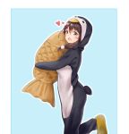  1girl animal_costume bird blue_background blush brown_hair commentary eyebrows_visible_through_hair food from_side hair_between_eyes hair_ornament heart holding holding_food looking_at_viewer open_mouth original pajamas penguin penguin_costume qoray7 red_eyes simple_background 