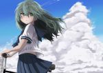  +_- 1girl absurdres bangs bicycle bicycle_basket blue_neckwear blue_sailor_collar blue_skirt blue_sky blush brown_eyes clouds cloudy_sky day eyebrows_behind_hair floating_hair green_eyes green_hair ground_vehicle hair_between_eyes highres huge_filesize kamatama long_hair looking_at_viewer looking_to_the_side original outdoors parted_lips pleated_skirt sailor_collar school_uniform serafuku shirt short_sleeves skirt sky solo white_shirt 