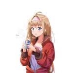  1girl absurdres antenna_hair artist_name bangs blonde_hair blue_eyes bow breasts collarbone commentary_request cup eyebrows_visible_through_hair granblue_fantasy hair_ornament hairband highres holding holding_cup jacket jeanne_d&#039;arc_(granblue_fantasy) long_hair looking_at_viewer pink_bow qoray7 red_jacket shirt simple_background solo violet_eyes white_background 