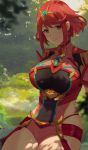  1girl asterretsa blue_earrings breasts closed_mouth covered_navel earrings eyebrows_visible_through_hair forest gem headpiece highres pyra_(xenoblade) jewelry large_breasts looking_at_viewer nature outdoors red_eyes red_shorts redhead short_hair shorts sitting smile solo tiara xenoblade_(series) xenoblade_2 