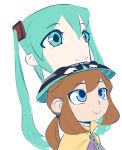  1girl a_hat_in_time bard-bot blue_eyes brown_hair cape commentary crossover english_commentary green_eyes green_hair hat hat_kid hatsune_miku long_hair low_ponytail pun sketch smile solo_focus top_hat twintails very_long_hair vocaloid yellow_cape zipper 