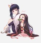  2girls age_regression bamboo bangs bit_gag black_hair black_skirt boots brown_hair butterfly_hair_ornament child cloak full_body gag gradient_hair hair_ornament hair_ribbon hand_on_ankle haori japanese_clothes kamado_nezuko kimetsu_no_yaiba kimono knees_up long_hair long_sleeves looking_at_another looking_to_the_side looking_up mouth_hold multicolored_hair multiple_girls obi pink_eyes pink_kimono pink_ribbon ribbon rupinesu sash seiza side_ponytail sidelocks signature simple_background sitting skirt sleeves_past_fingers sleeves_past_wrists smile tsuyuri_kanao two-tone_hair very_long_hair violet_eyes white_cloak younger 