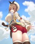  1girl ass atelier_(series) atelier_ryza bare_shoulders belt black_panties blush boots bracelet breasts brown_eyes brown_gloves brown_hair clouds cloudy_sky detached_sleeves eyebrows_visible_through_hair gloves hair_ornament hairband hairclip hat highres jewelry large_breasts looking_at_viewer looking_back multi-strapped_panties namec0 open_mouth panties pantylines red_shorts reisalin_stout short_hair short_shorts shorts single_glove skindentation sky sleeveless sleeveless_jacket smile solo thigh-highs thigh_boots thighs underwear white_legwear 