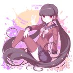  1girl bangs black_hair blunt_bangs character_name commentary_request copyright_name dangan_ronpa enperaa from-side hair_ornament harukawa_maki highres long_hair looking_at_viewer low_twintails mole mole_under_eye new_dangan_ronpa_v3 pleated_skirt rabbit red_eyes red_legwear red_nails red_scrunchie red_shirt school_uniform scrunchie serafuku shirt simple_background sitting skirt solo thigh-highs twintails very_long_hair 