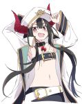 1girl :d armpits belt black_hair blush breasts collar dragon_girl dragon_horns hat horns ixy jacket long_hair long_sleeves looking_at_viewer midriff navel open_clothes open_jacket open_mouth red_eyes red_horns sharp_teeth simple_background small_breasts smile solo teeth vgaming white_background white_belt white_headwear white_jacket yoruno_yui 