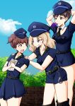  3girls alisa_(girls_und_panzer) arms_behind_head black_neckwear blonde_hair blue_eyes blush breasts brown_eyes brown_hair chewing_gum clouds collarbone eyebrows_visible_through_hair genzipai girls_und_panzer grin hat highres kay_(girls_und_panzer) medium_breasts multiple_girls naomi_(girls_und_panzer) necktie open_mouth outdoors police police_hat police_uniform policewoman red_eyes shiny shiny_hair short_hair short_twintails skirt sky small_breasts smile twintails uniform 