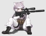  1girl :&lt; aiming alternate_costume animal_ear_fluff animal_ears belt_pouch black_gloves black_shorts blue_eyes boots cross-laced_footwear dog_(mixed_breed)_(kemono_friends) dog_ears fingerless_gloves full_body fur-trimmed_boots fur_trim gloves grey_background grey_hair gun heterochromia kemono_friends looking_away multicolored_hair nyifu pantyhose pouch rifle shorts simple_background sitting sniper_rifle solo spread_legs tactical_clothes thigh_strap trigger_discipline two-tone_hair weapon white_hair white_legwear yellow_eyes 