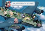  6+girls aircraft airplane akashi_(kantai_collection) aoba_(kantai_collection) avro_lancaster black_hair blonde_hair blue_hair bomber_crew character_name clouds commentary english_commentary english_text gambier_bay_(kantai_collection) gotland_(kantai_collection) graf_zeppelin_(kantai_collection) highres houshou_(kantai_collection) janus_(kantai_collection) jervis_(kantai_collection) kantai_collection multiple_girls parody pink_hair plane_interior purple_hair riding roshi_chen 